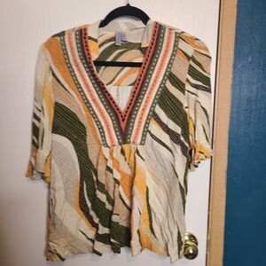 481  Bl-nk London Boho Chic V-Neck Blouse Multicolor Geometric half sleeve